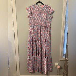 Simply Southern Pink and Light Blue Smocked Shell Print Maxi Dress